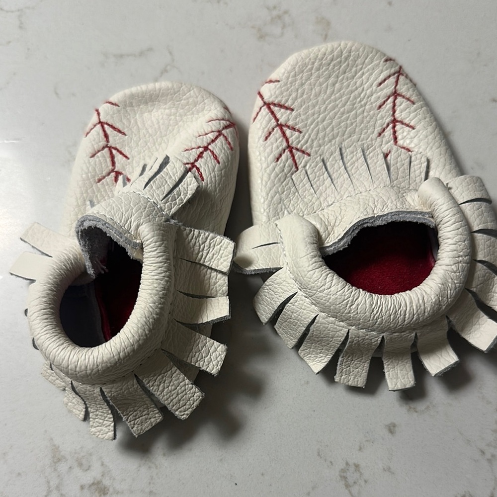 White Baseball Moccasins with Red Stitching